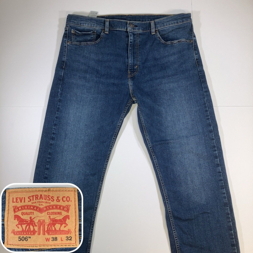 Levis 506 Straight Leg Jeans Mens 36x30 Dark Wash Blue Pants Stretch